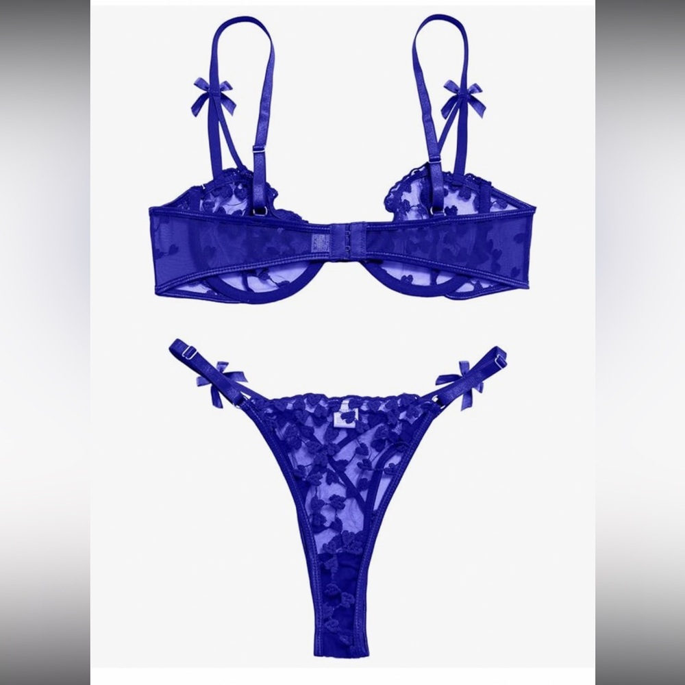 Blue Heart Lace Lingerie Set Sheer Mesh Underwire Bra Thong. - Picture 6 of 7